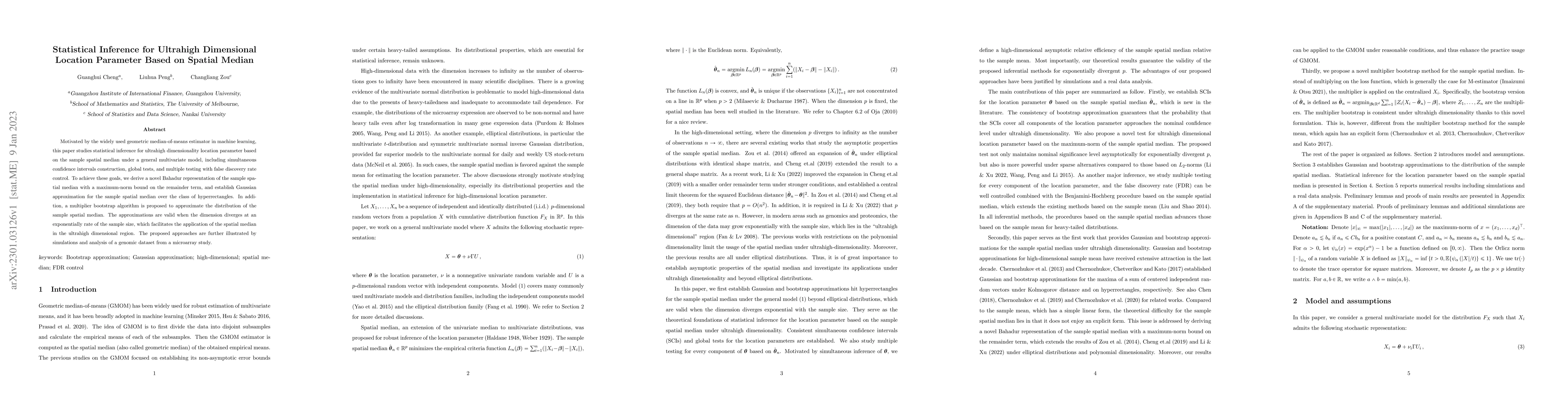 Thumbnail for Statistical Inference for Ultrahigh Dimensional Location Parameter Based
  on Spatial Median