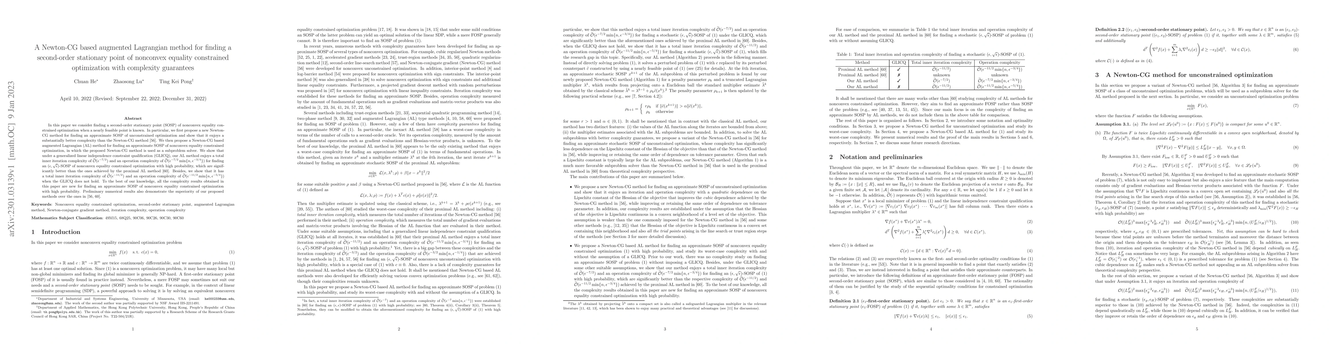 Thumbnail for A Newton-CG based augmented Lagrangian method for finding a second-order
  stationary point of nonconvex equality constrained optimization with
  complexity guarantees