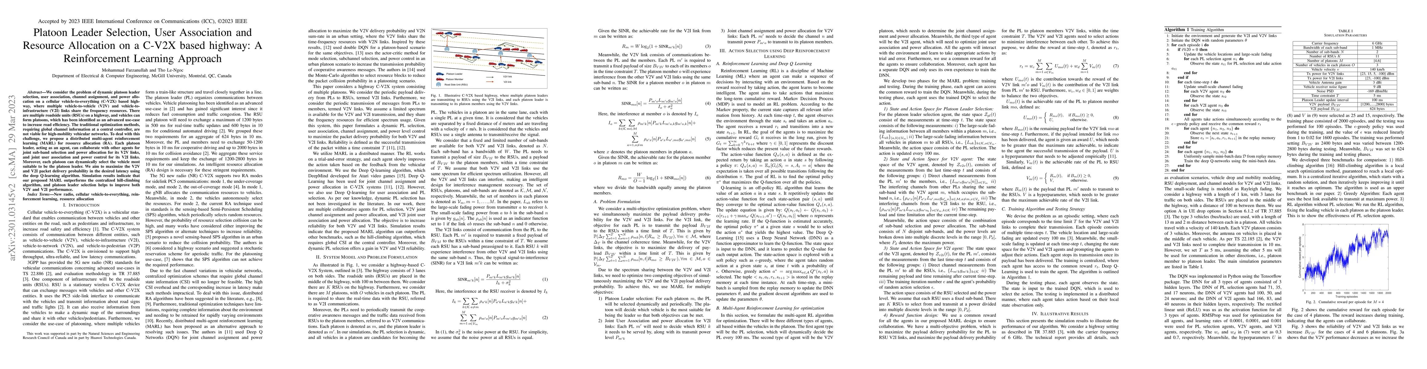 Thumbnail for Platoon Leader Selection, User Association and Resource Allocation on a
  C-V2X based highway: A Reinforcement Learning Approach