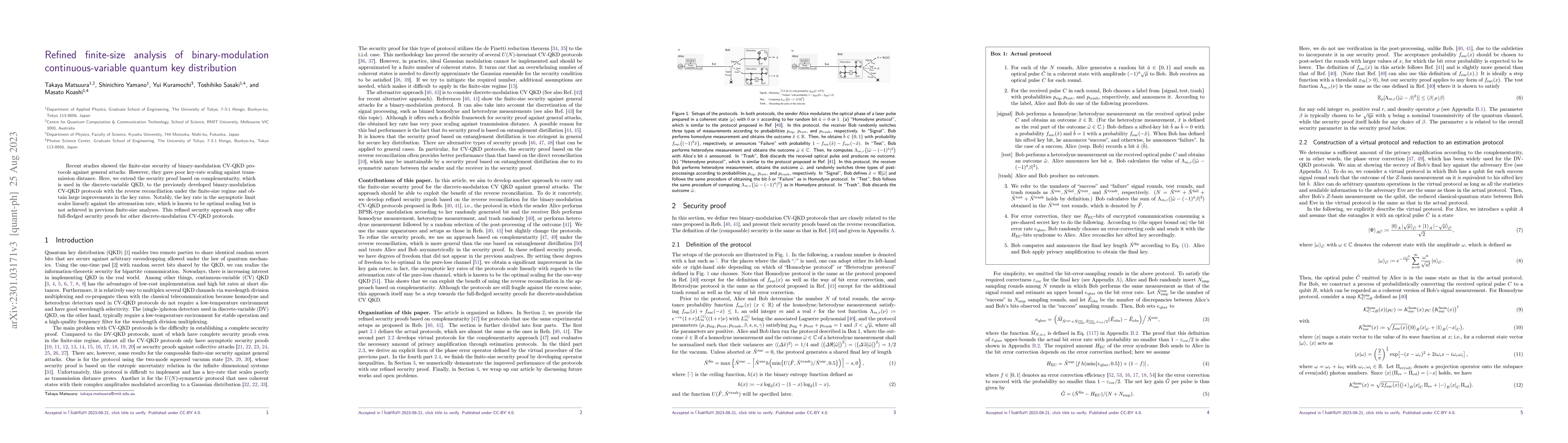 Thumbnail for Refined finite-size analysis of binary-modulation continuous-variable
  quantum key distribution