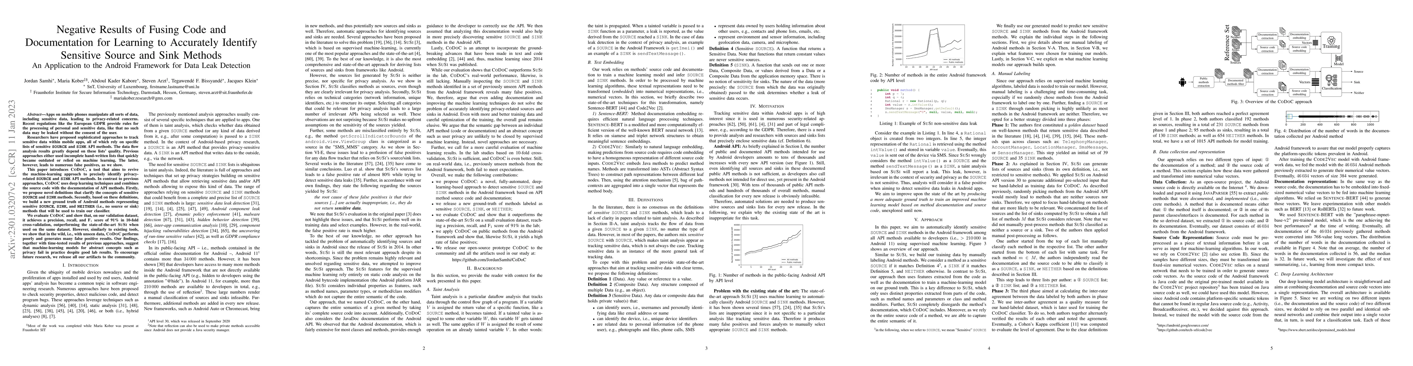 Thumbnail for Negative Results of Fusing Code and Documentation for Learning to
  Accurately Identify Sensitive Source and Sink Methods An Application to the
  Android Framework for Data Leak Detection