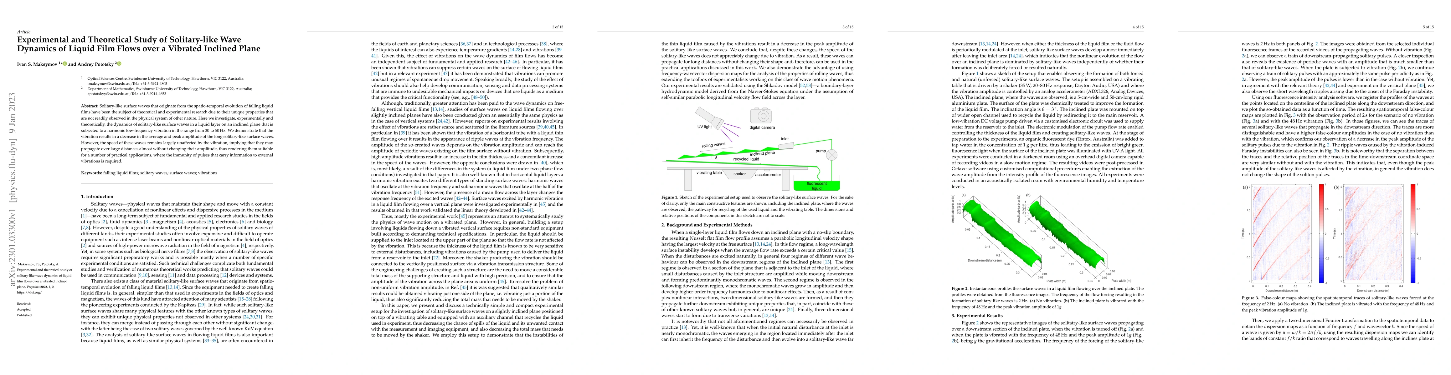 Thumbnail for Experimental and Theoretical Study of Solitary-like Wave Dynamics of
  Liquid Film Flows over a Vibrated Inclined Plane