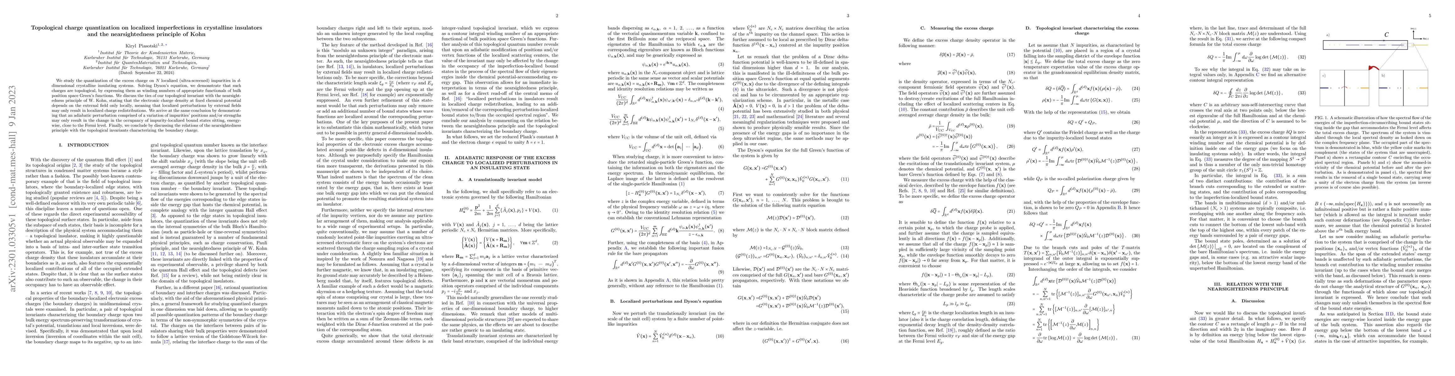 Thumbnail for Topological charge quantization on localized imperfections in
  crystalline insulators and the nearsightedness principle of Kohn