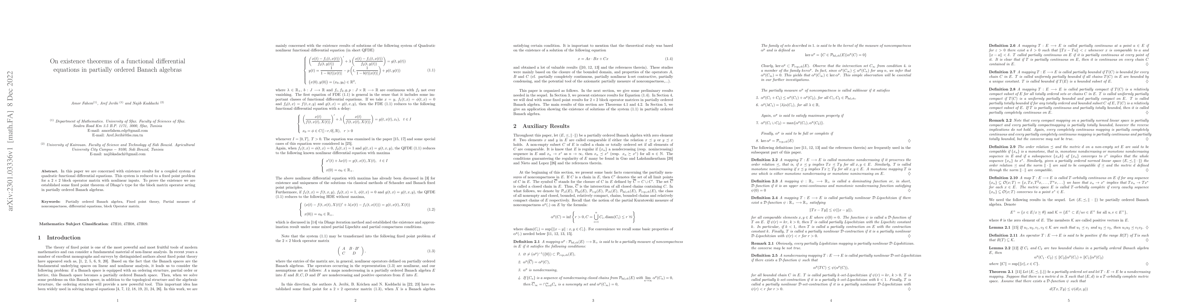 Thumbnail for On existence theorems of a functional differential equations in
  partially ordered Banach algebras