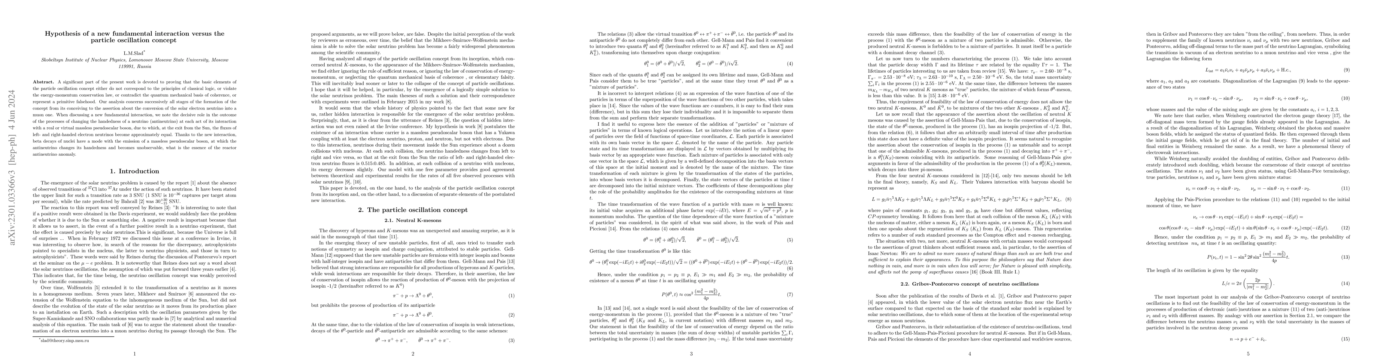 Thumbnail for Hypothesis of a new fundamental interaction versus the particle
  oscillation concept
