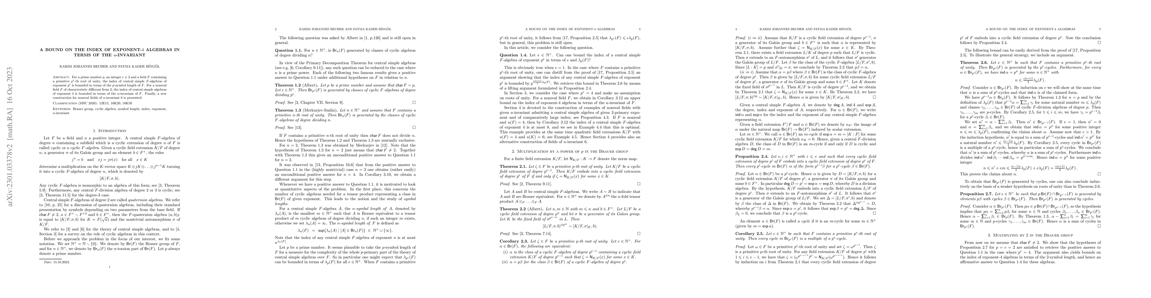 Thumbnail for A bound on the index of exponent-$4$ algebras in terms of the
  $u$-invariant