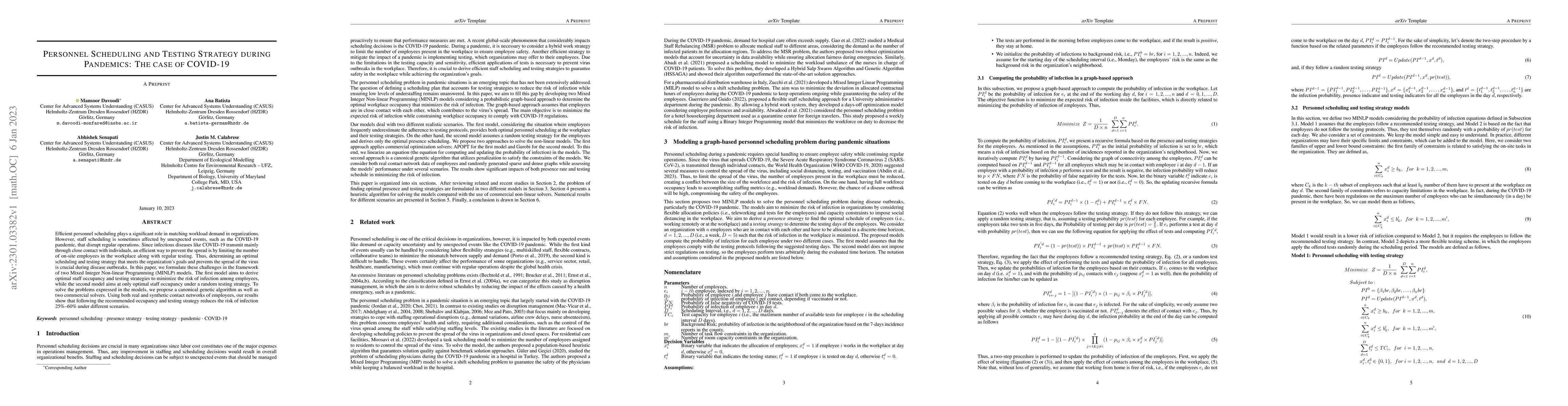 Thumbnail for Personnel Scheduling and Testing Strategy during Pandemics: The case of
  COVID-19