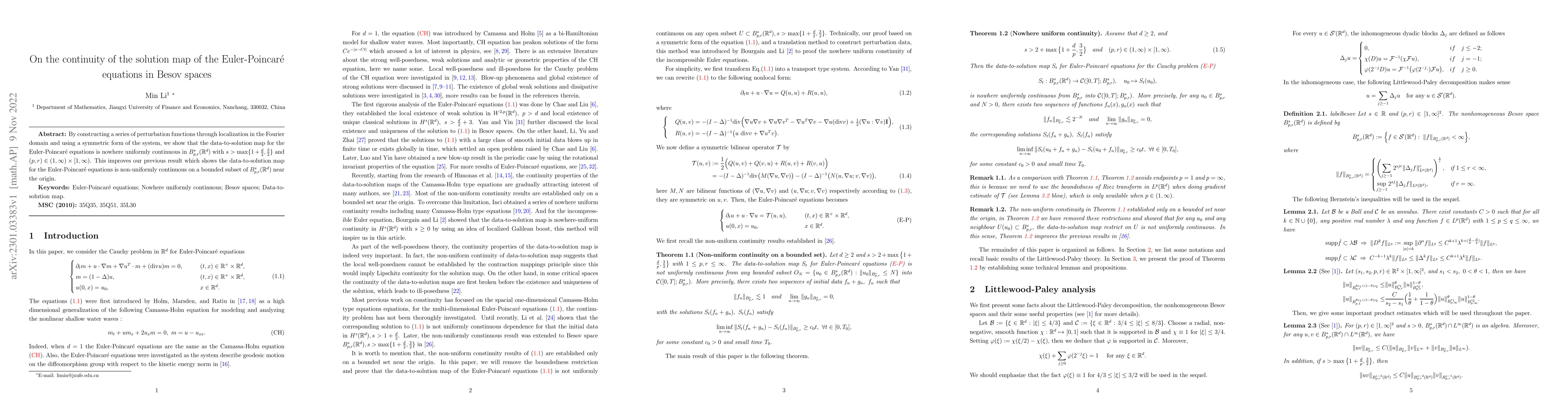 Thumbnail for On the continuity of the solution map of the Euler-Poincar\'e equations
  in Besov spaces