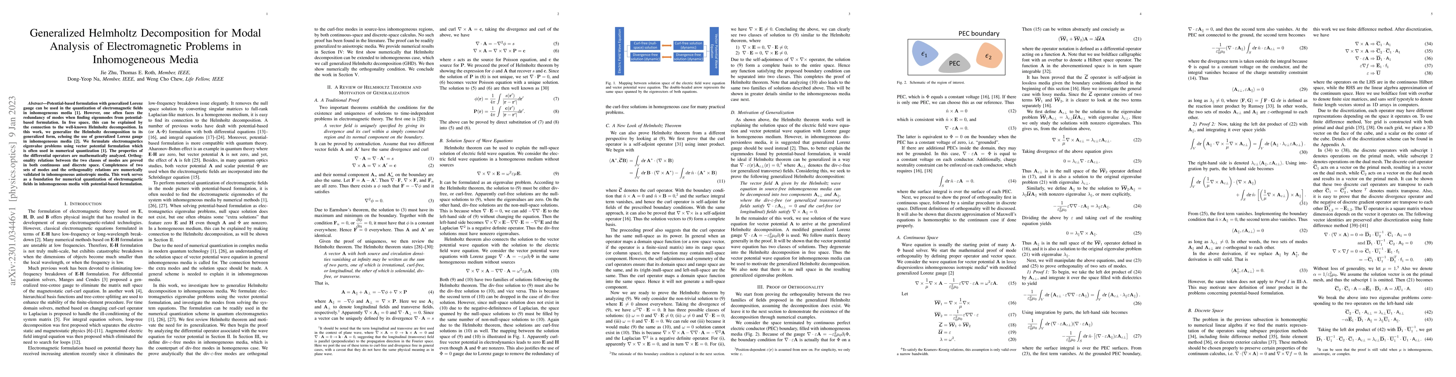 Thumbnail for Generalized Helmholtz Decomposition for Modal Analysis of
  Electromagnetic Problems in Inhomogeneous Media