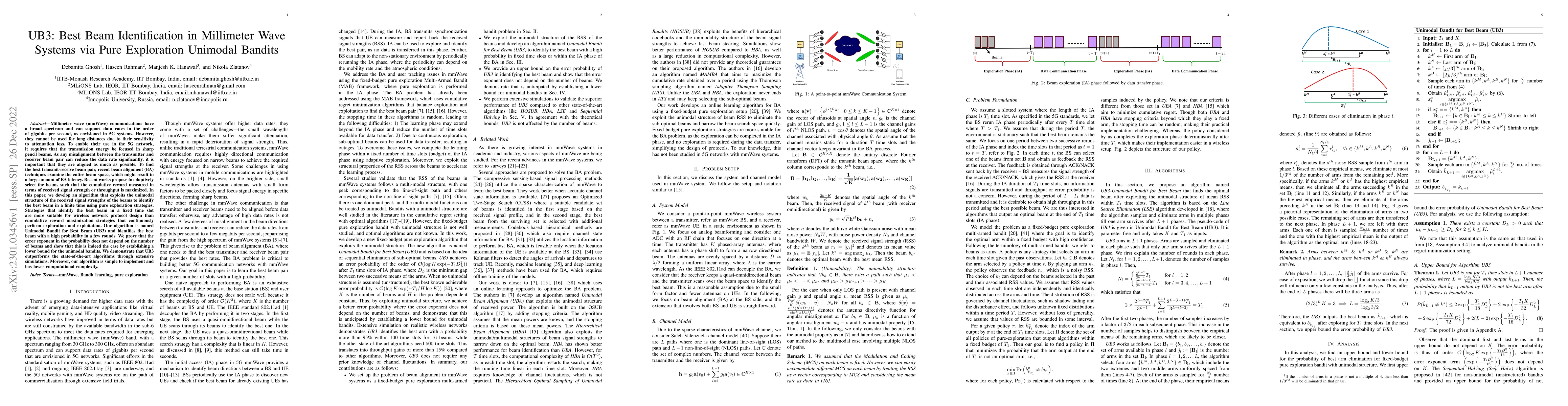 Thumbnail for UB3: Best Beam Identification in Millimeter Wave Systems via Pure
  Exploration Unimodal Bandits
