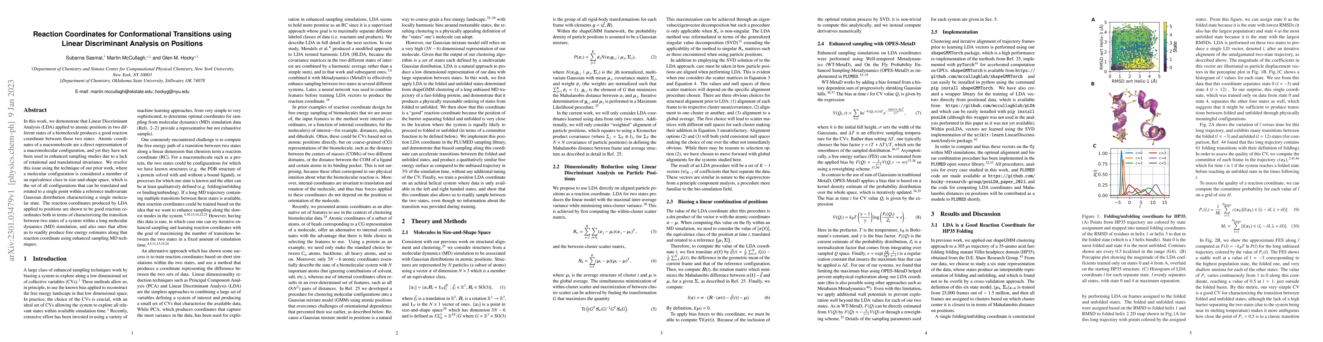 Thumbnail for Reaction Coordinates for Conformational Transitions using Linear
  Discriminant Analysis on Positions