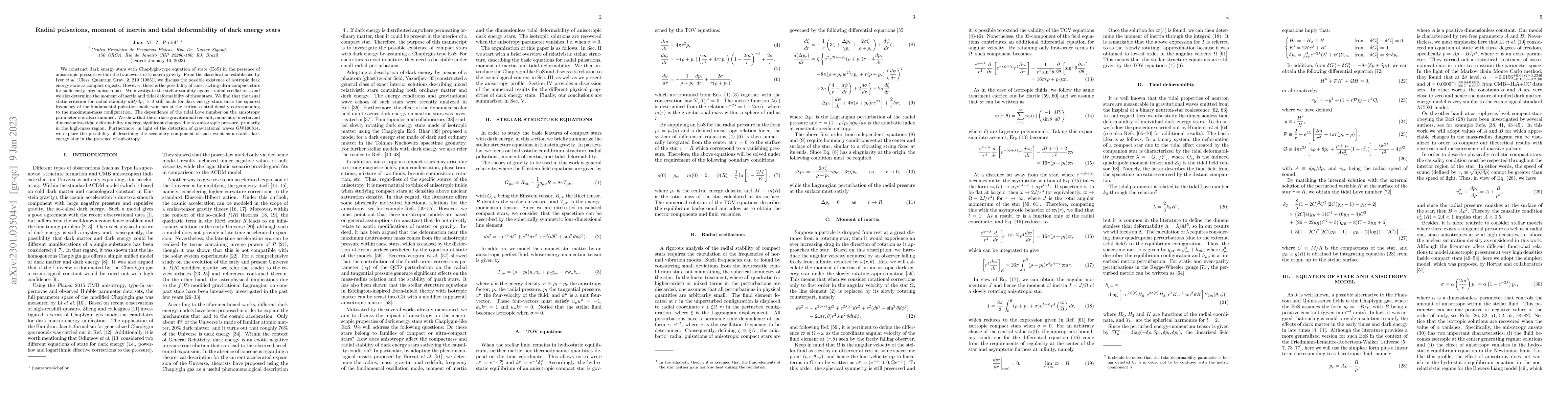 Thumbnail for Radial pulsations, moment of inertia and tidal deformability of dark
  energy stars