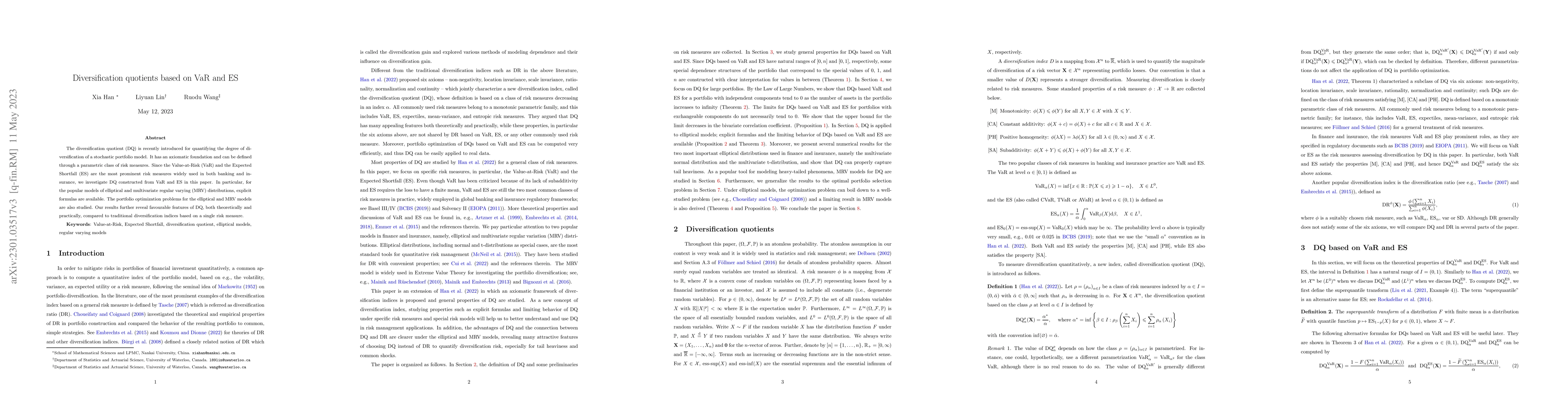 Thumbnail for Diversification quotients based on VaR and ES