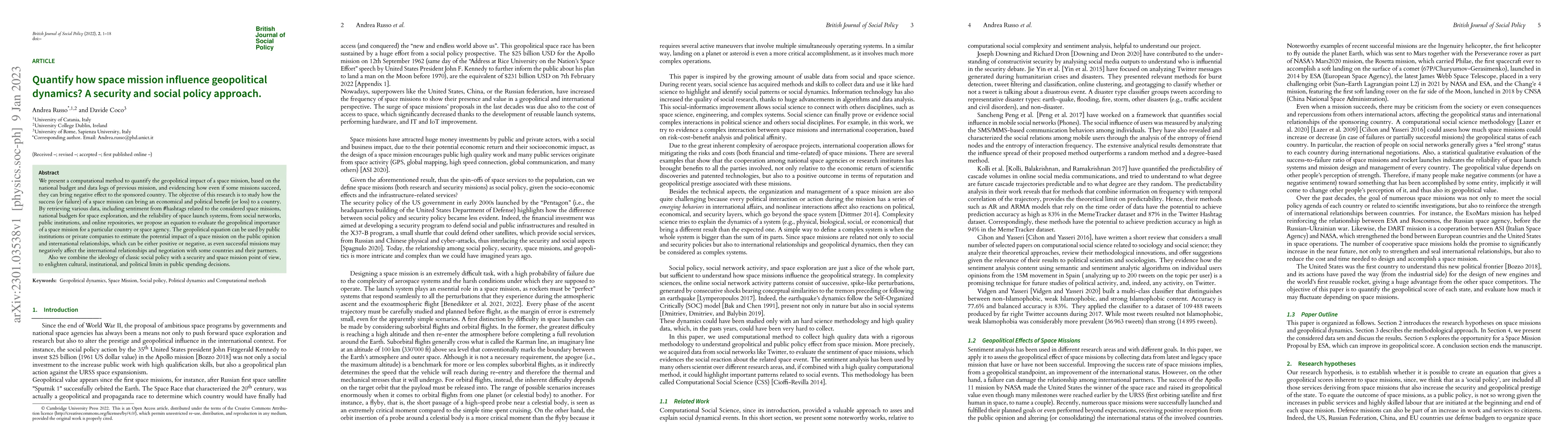 Thumbnail for Quantify how space mission influence geopolitical dynamics? A security
  and social policy approach