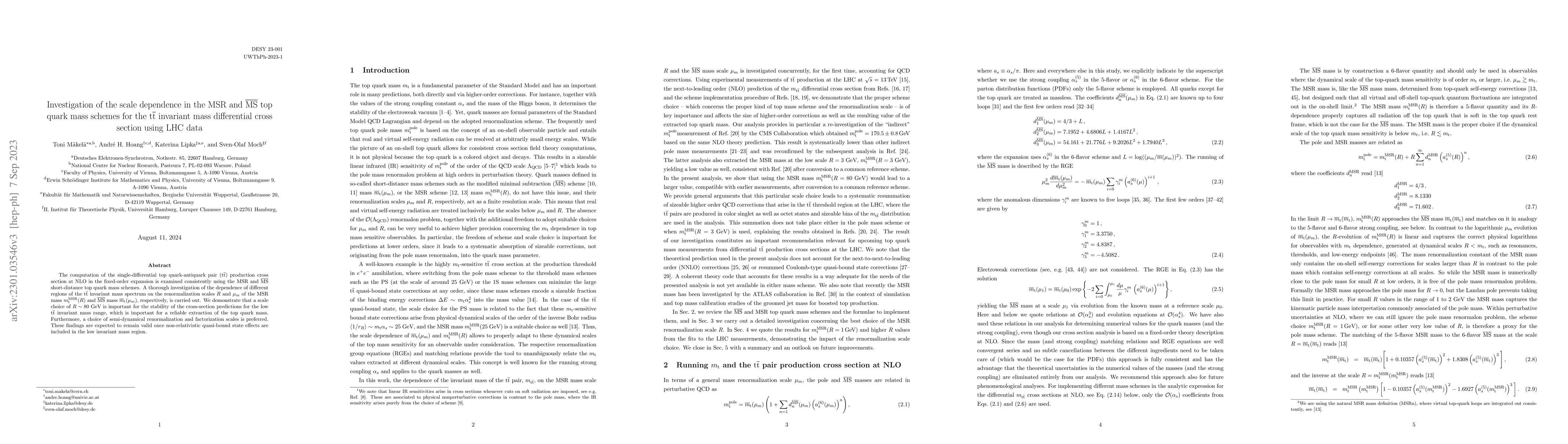 Thumbnail for Investigation of the scale dependence in the MSR and
  $\overline{\textrm{MS}}$ top quark mass schemes for the
  $\mathrm{t}\overline{\mathrm{t}}$ invariant mass differential cross section
  using LHC data