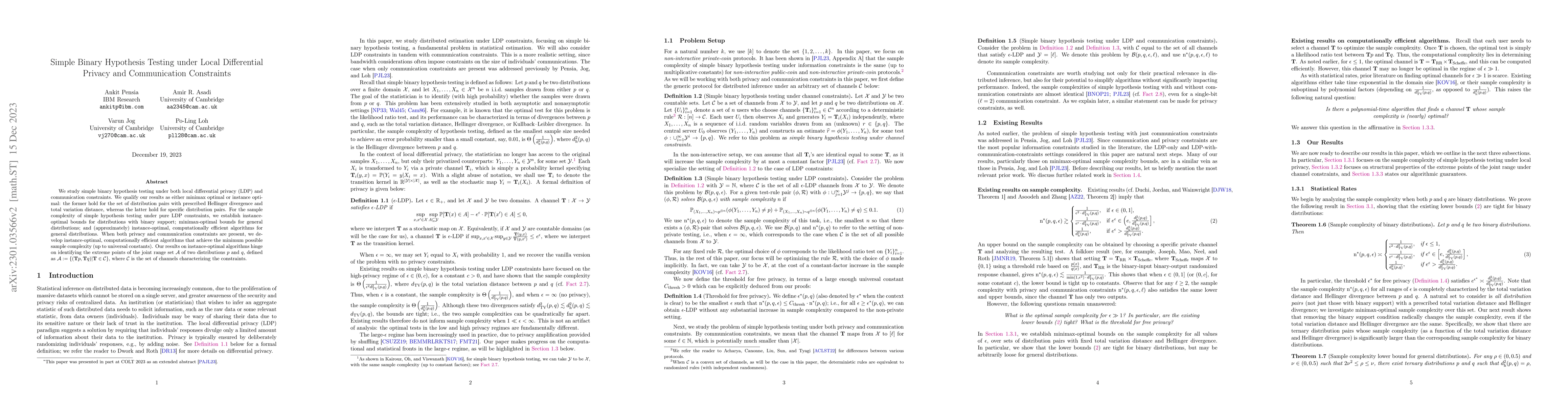 Thumbnail for Simple Binary Hypothesis Testing under Local Differential Privacy and
  Communication Constraints
