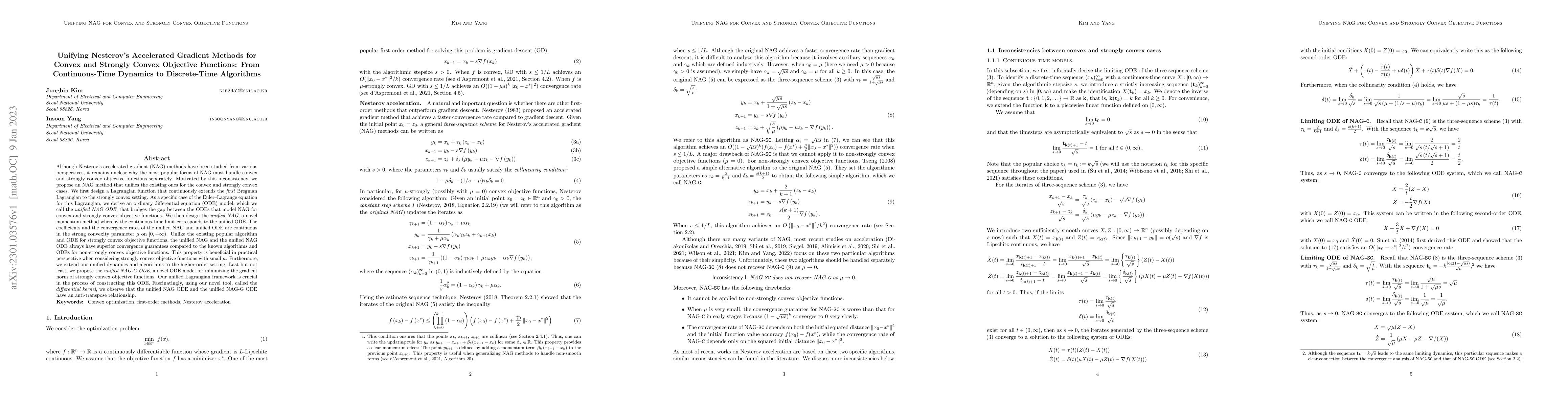 Thumbnail for Unifying Nesterov's Accelerated Gradient Methods for Convex and Strongly
  Convex Objective Functions: From Continuous-Time Dynamics to Discrete-Time
  Algorithms