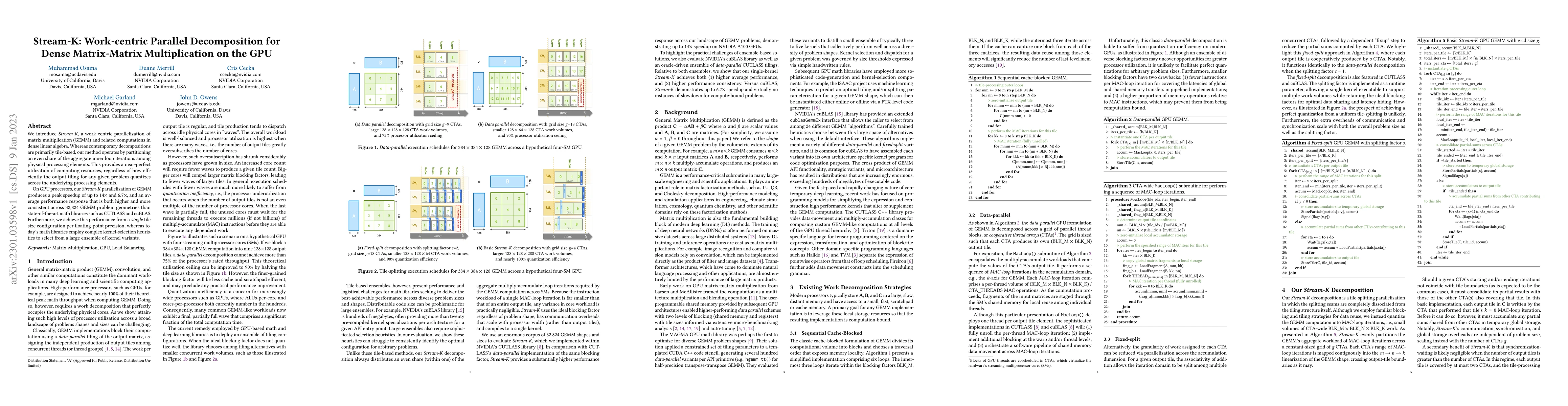Thumbnail for Stream-K: Work-centric Parallel Decomposition for Dense Matrix-Matrix
  Multiplication on the GPU
