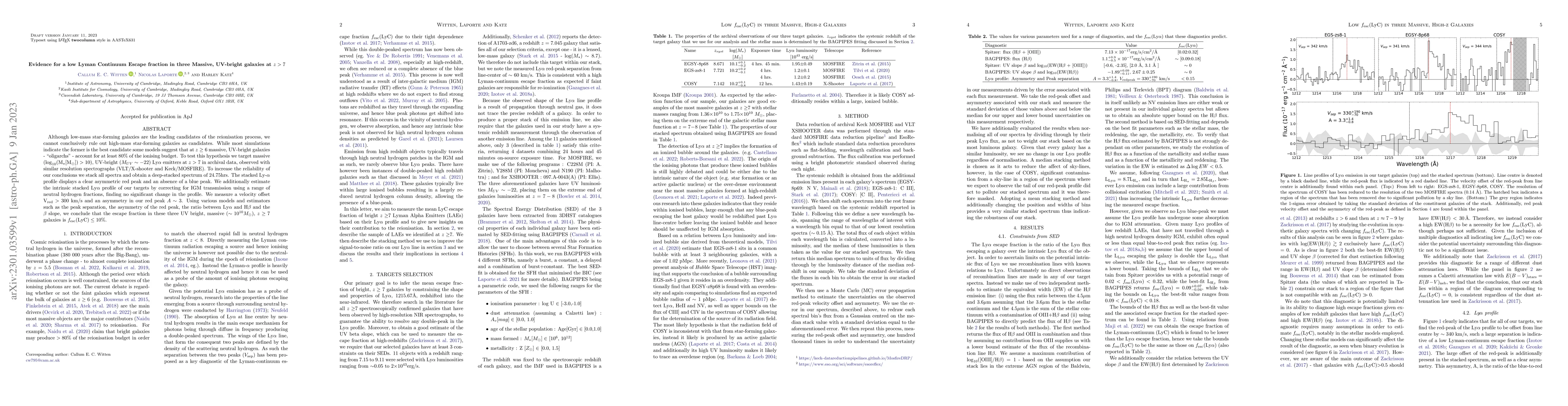 Thumbnail for Evidence for a low Lyman Continuum Escape fraction in three Massive,
  UV-bright galaxies at z > 7
