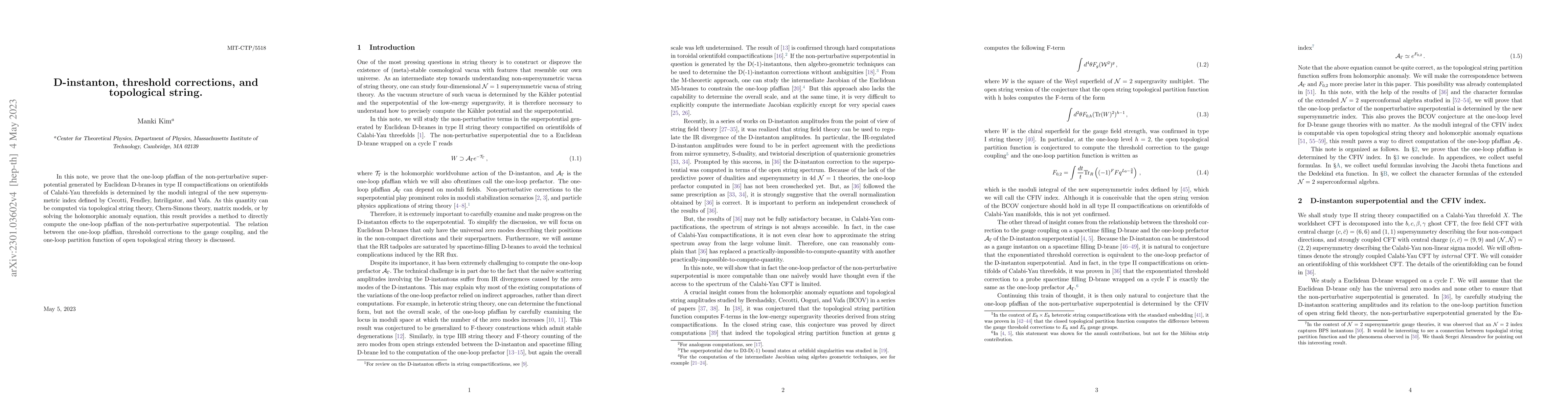 Thumbnail for D-instanton, threshold corrections, and topological string