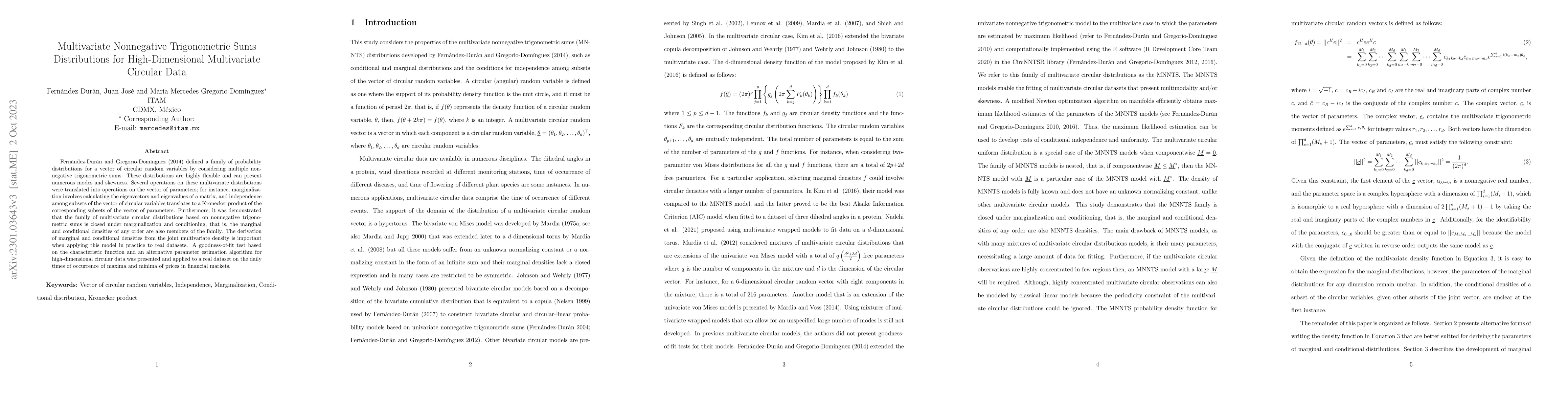 Thumbnail for Multivariate Nonnegative Trigonometric Sums Distributions for
  High-Dimensional Multivariate Circular Data