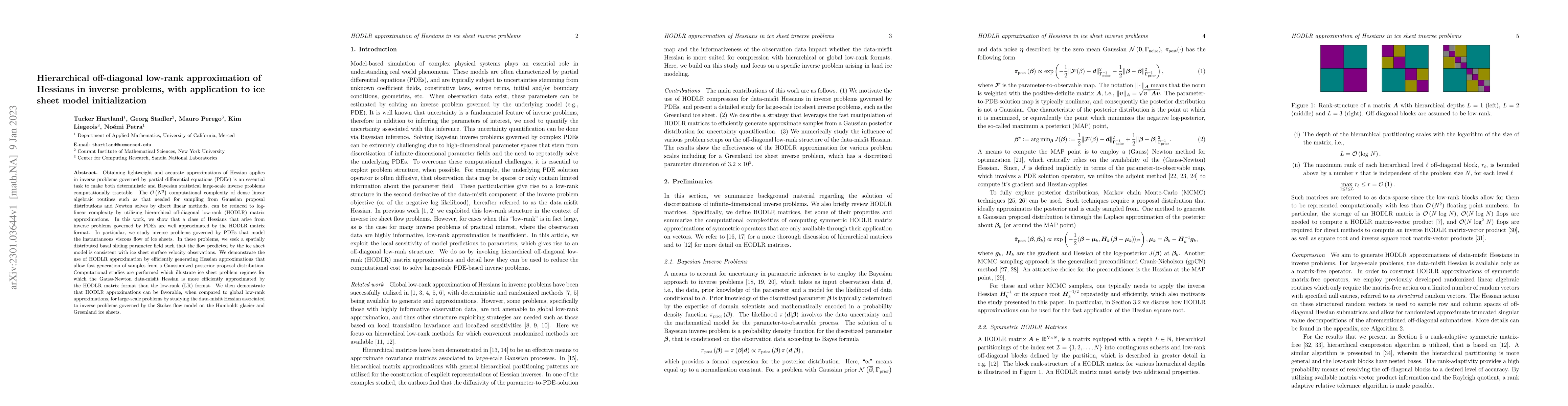 Thumbnail for Hierarchical off-diagonal low-rank approximation of Hessians in inverse
  problems, with application to ice sheet model initializaiton