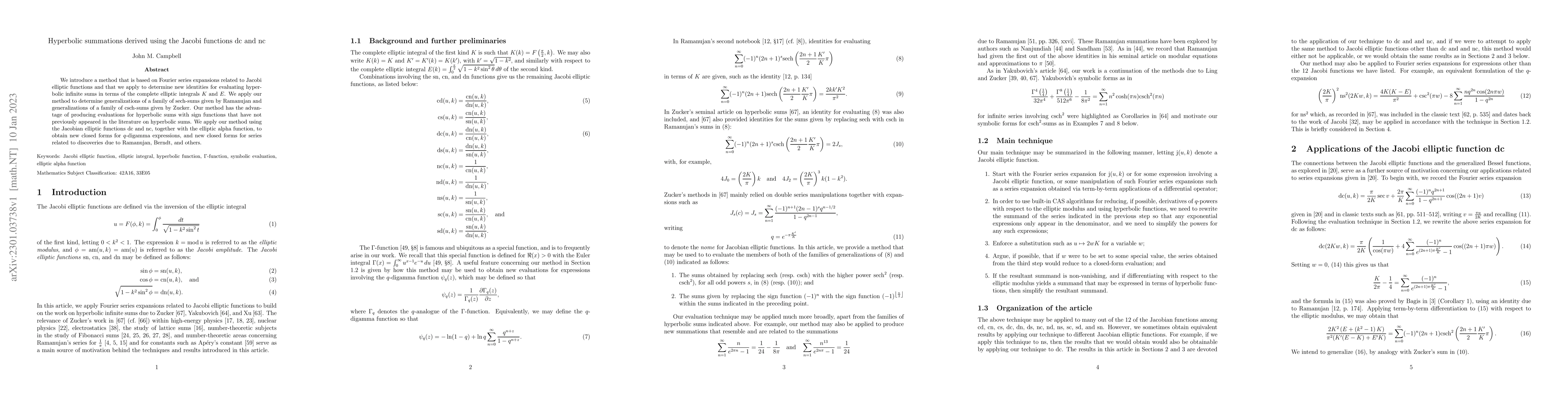 Thumbnail for Hyperbolic summations derived using the Jacobi functions $\text{dc}$ and
  $\text{nc}$