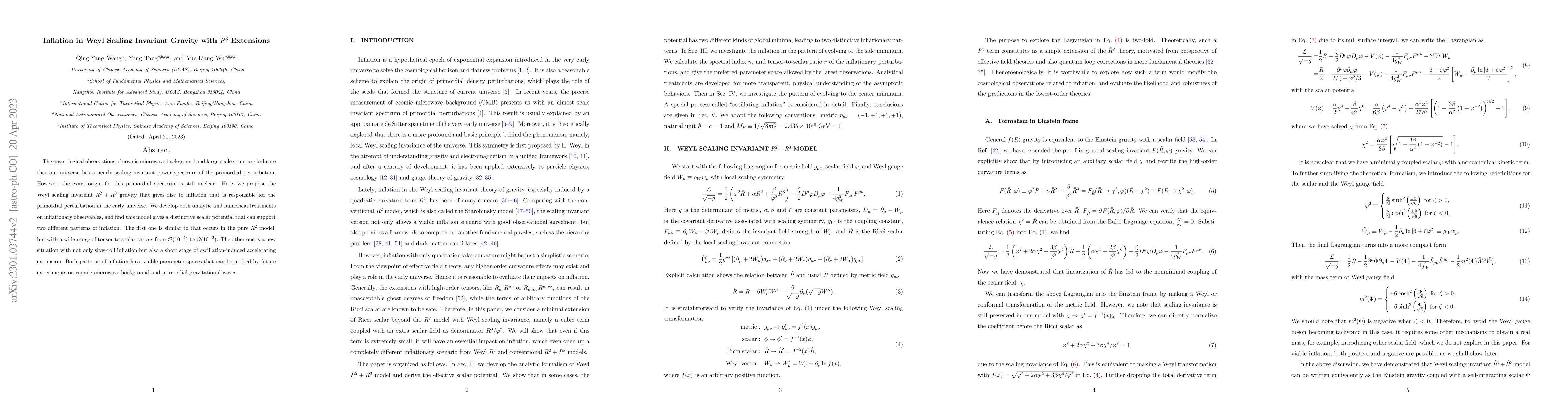Thumbnail for Inflation in Weyl Scaling Invariant Gravity with $R^3$ Extensions