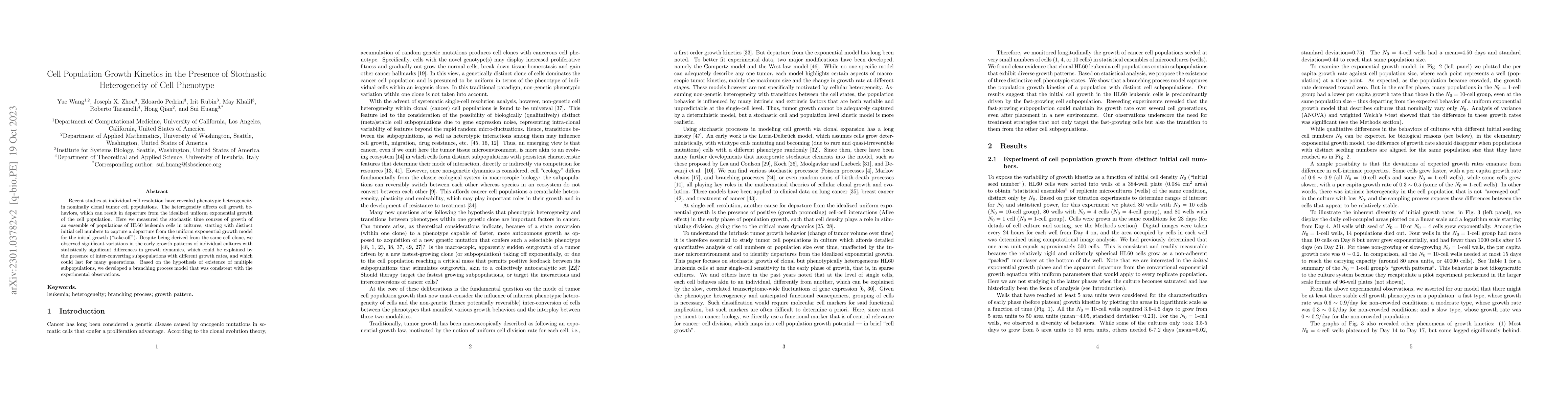Thumbnail for Cell Population Growth Kinetics in the Presence of Stochastic
  Heterogeneity of Cell Phenotype