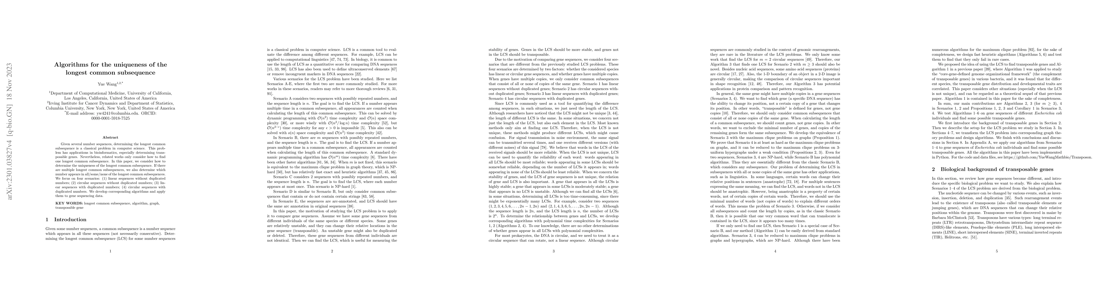 Thumbnail for Algorithms for the uniqueness of the longest common subsequence