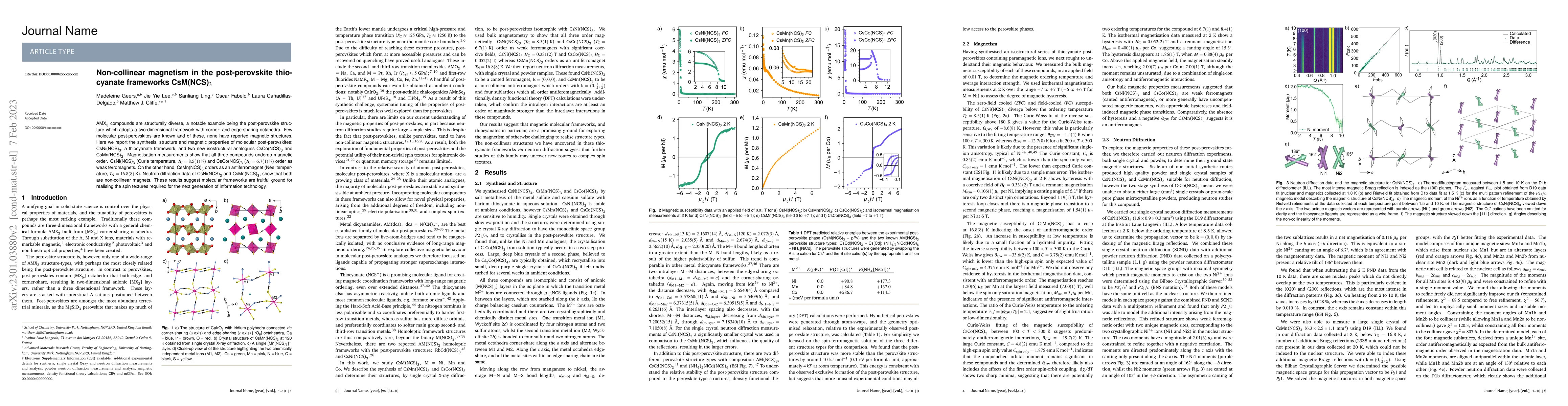 Thumbnail for Non-collinear magnetism in the post-perovskite thiocyanate frameworks
  CsM(NCS)$_3$