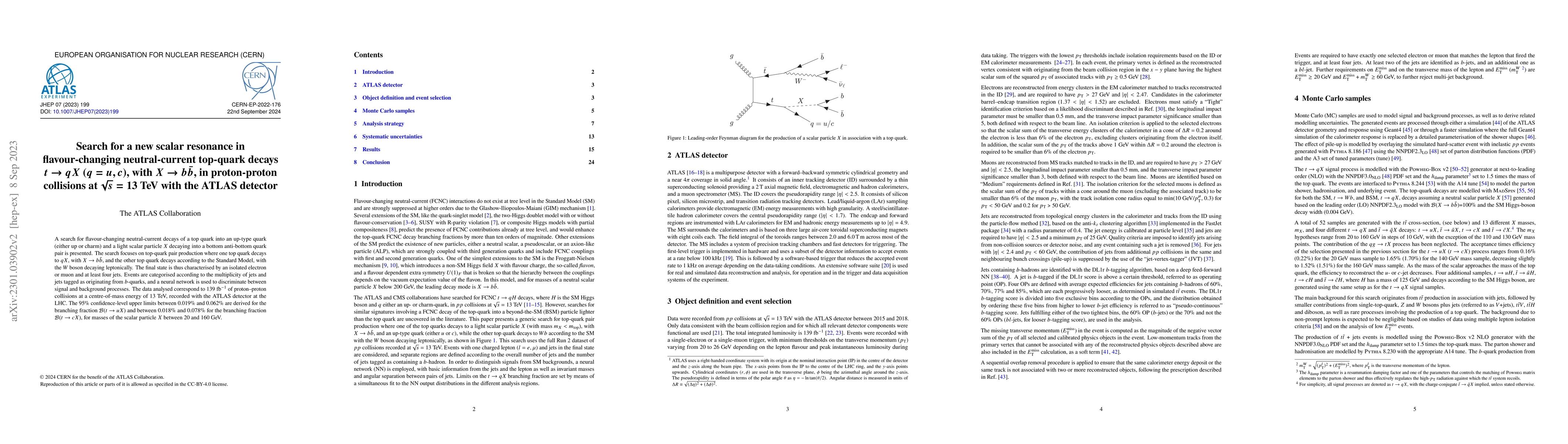 Thumbnail for Search for a new scalar resonance in flavour-changing neutral-current
  top-quark decays $t \rightarrow qX$ ($q=u,c$), with $X \rightarrow b\bar{b}$,
  in proton-proton collisions at $\sqrt{s}=13$ TeV with the ATLAS detector