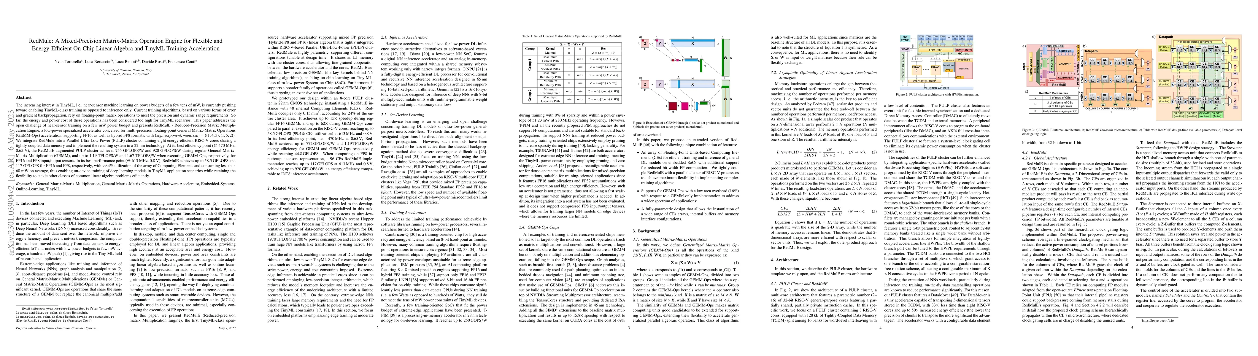 Thumbnail for RedMule: A Mixed-Precision Matrix-Matrix Operation Engine for Flexible
  and Energy-Efficient On-Chip Linear Algebra and TinyML Training Acceleration
