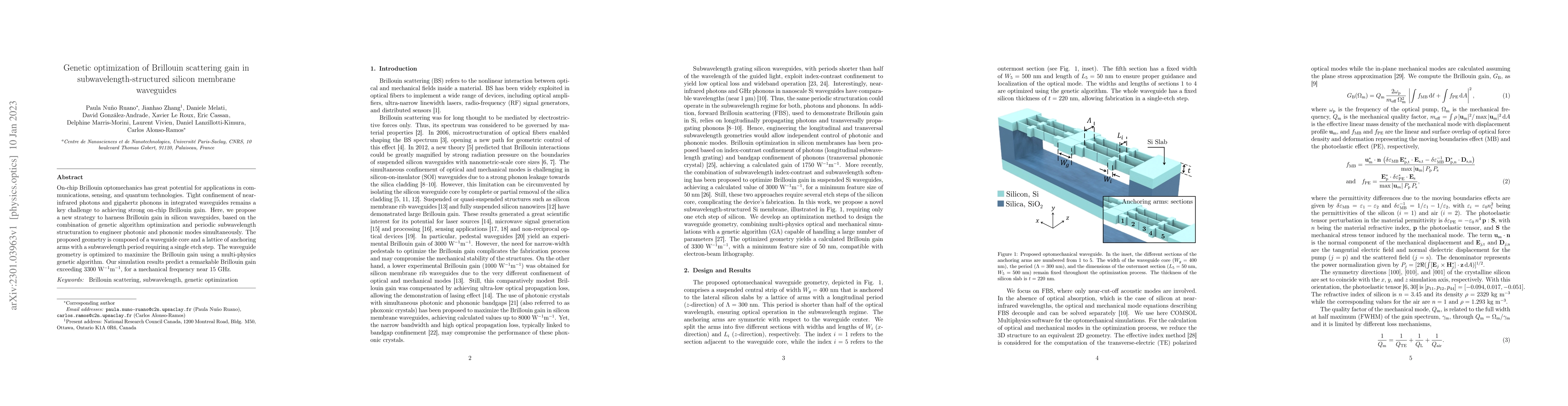 Thumbnail for Genetic optimization of Brillouin scattering gain in
  subwavelength-structured silicon membrane waveguides