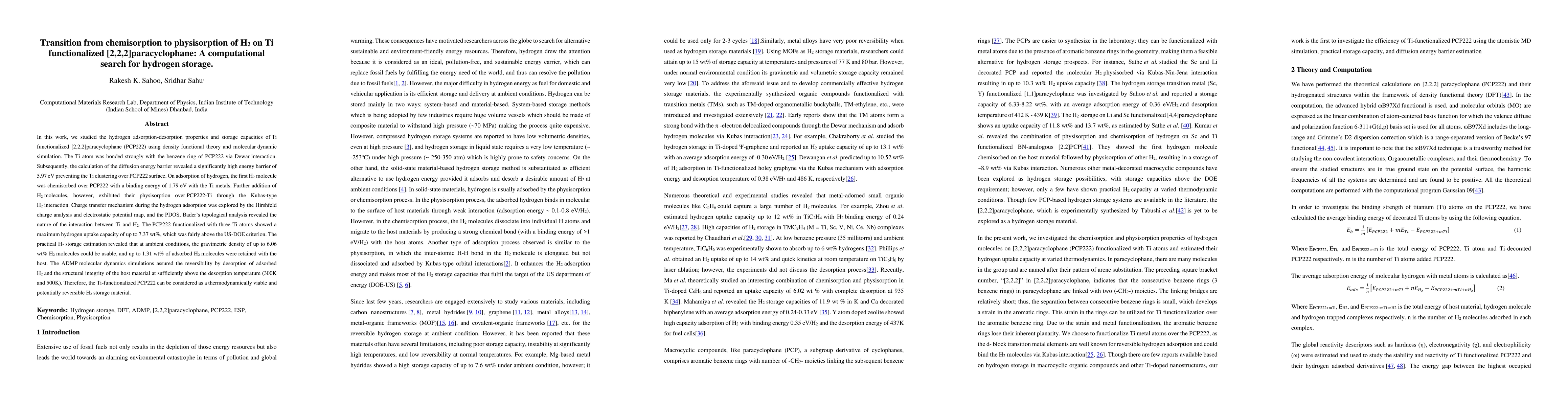 Thumbnail for Transition from chemisorption to physisorption of H2 on Ti
  functionalized [2,2,2]paracyclophane: A computational search for hydrogen
  storage