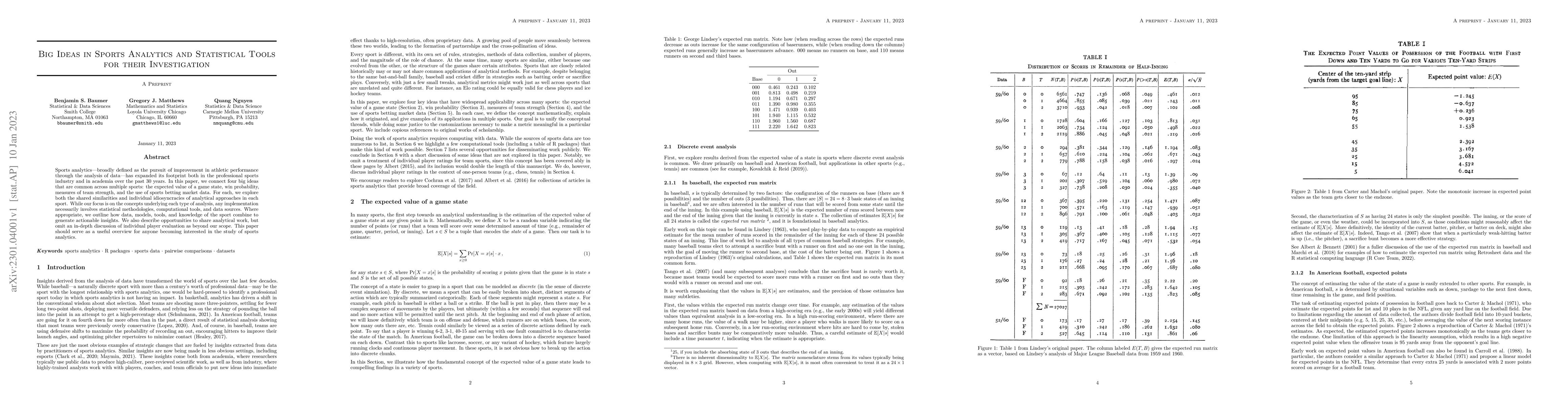 Thumbnail for Big Ideas in Sports Analytics and Statistical Tools for their
  Investigation