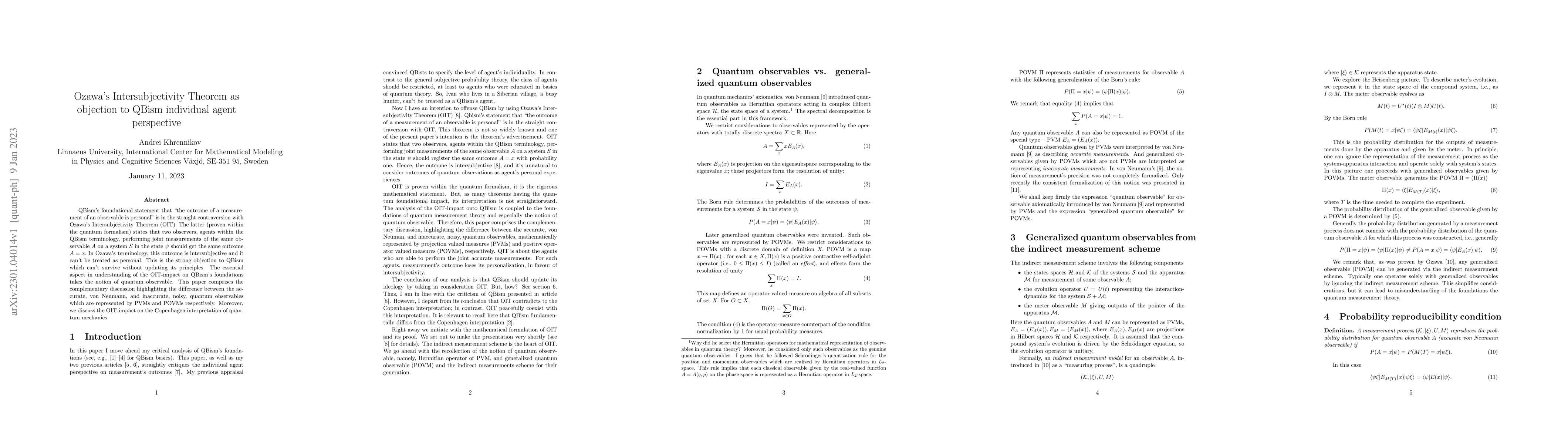 Thumbnail for Ozawa's Intersubjectivity Theorem as objection to QBism individual agent
  perspective