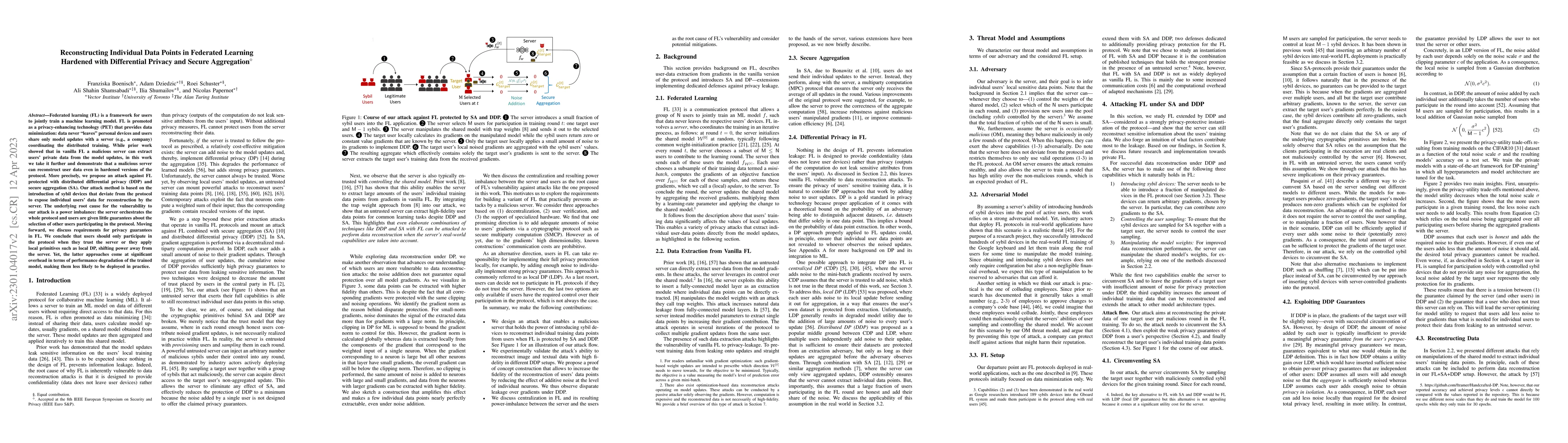 Thumbnail for Reconstructing Individual Data Points in Federated Learning Hardened
  with Differential Privacy and Secure Aggregation