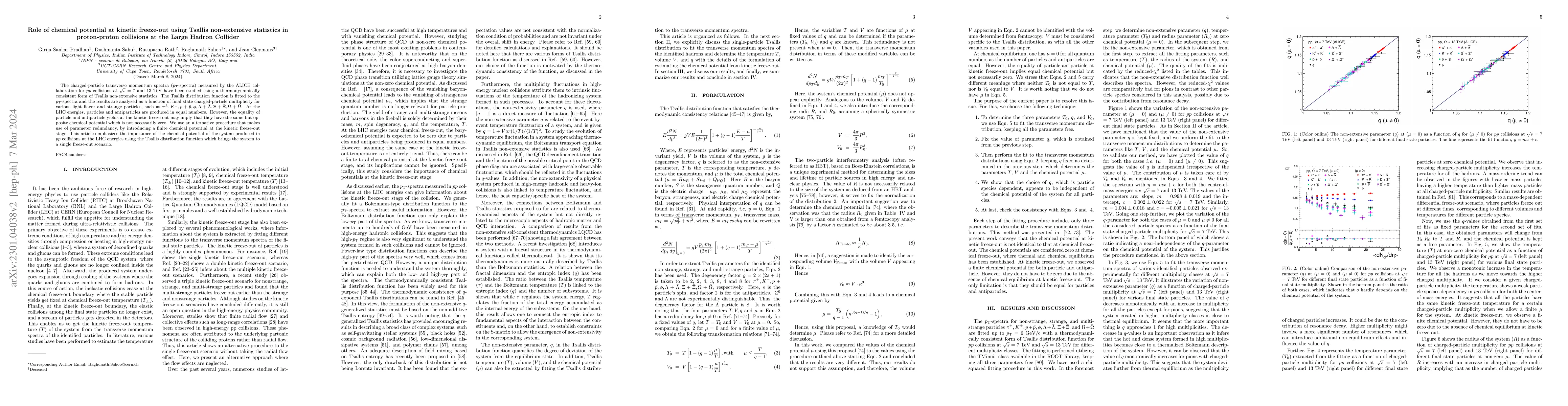 Thumbnail for Role of chemical potential at kinetic freeze-out using Tsallis
  non-extensive statistics in proton-proton collisions at the Large Hadron
  Collider