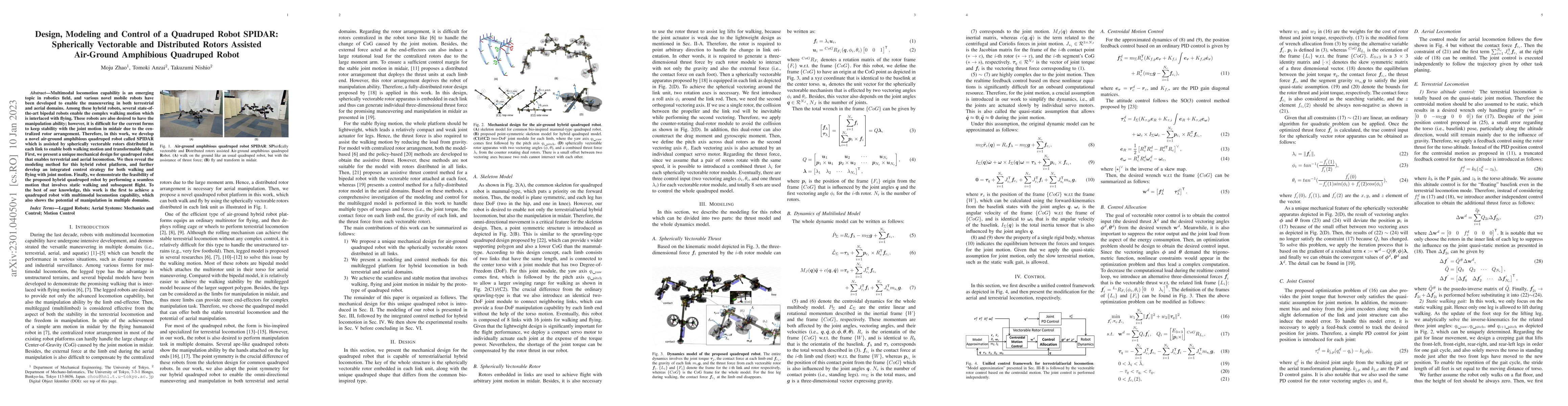 Thumbnail for Design, Modeling and Control of a Quadruped Robot SPIDAR: Spherically
  Vectorable and Distributed Rotors Assisted Air-Ground Amphibious Quadruped
  Robot