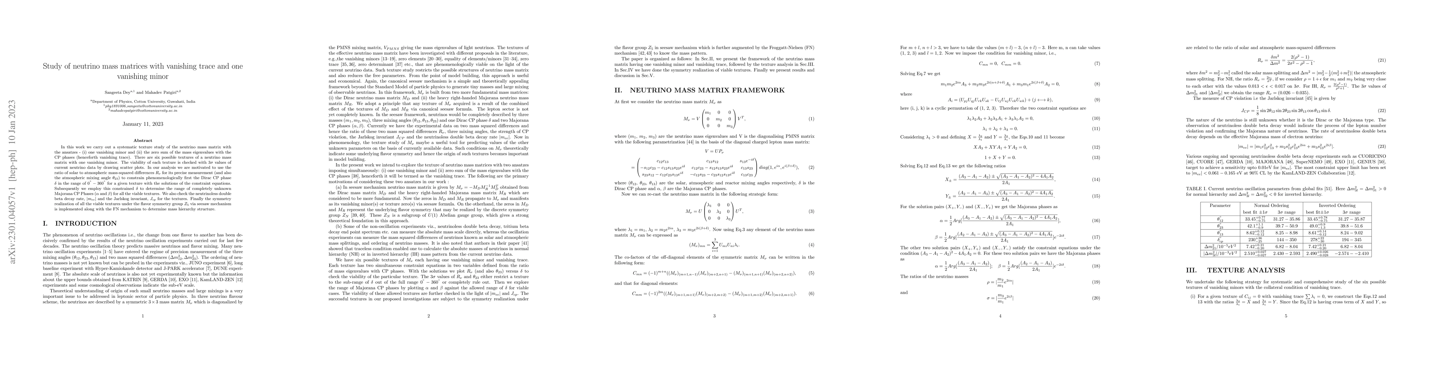 Thumbnail for Study of neutrino mass matrices with vanishing trace and one vanishing
  minor