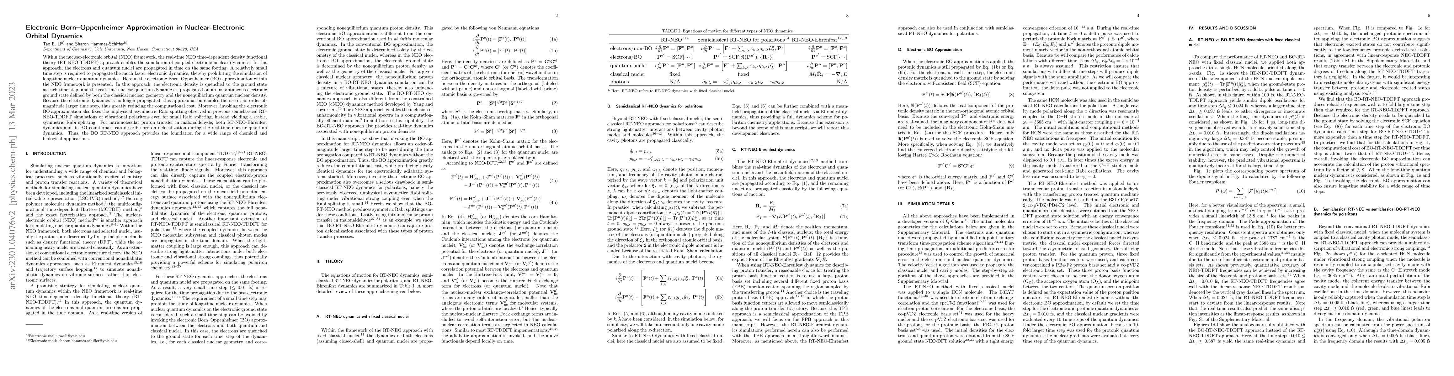 Thumbnail for Electronic Born-Oppenheimer Approximation in Nuclear-Electronic Orbital
  Dynamics