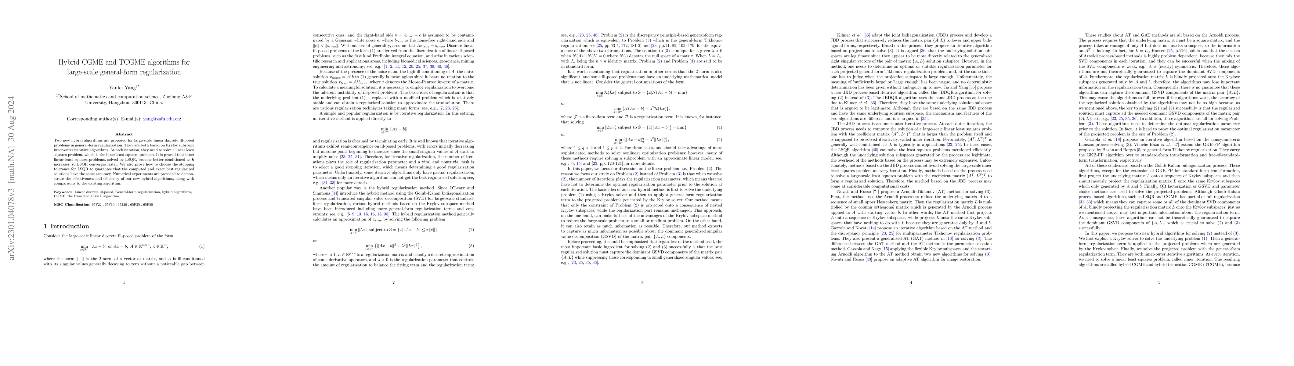 Thumbnail for Hybrid CGME and TCGME algorithms for large-scale general-form
  regularization