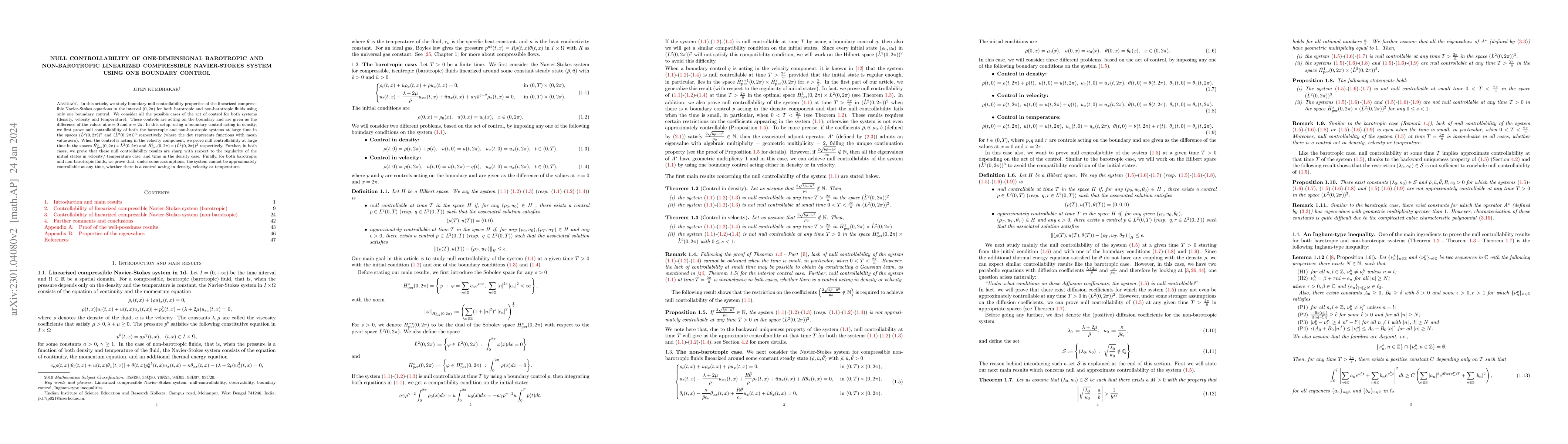 Thumbnail for Null controllability of one-dimensional barotropic and non-barotropic
  linearized compressible Navier-Stokes system using one boundary control