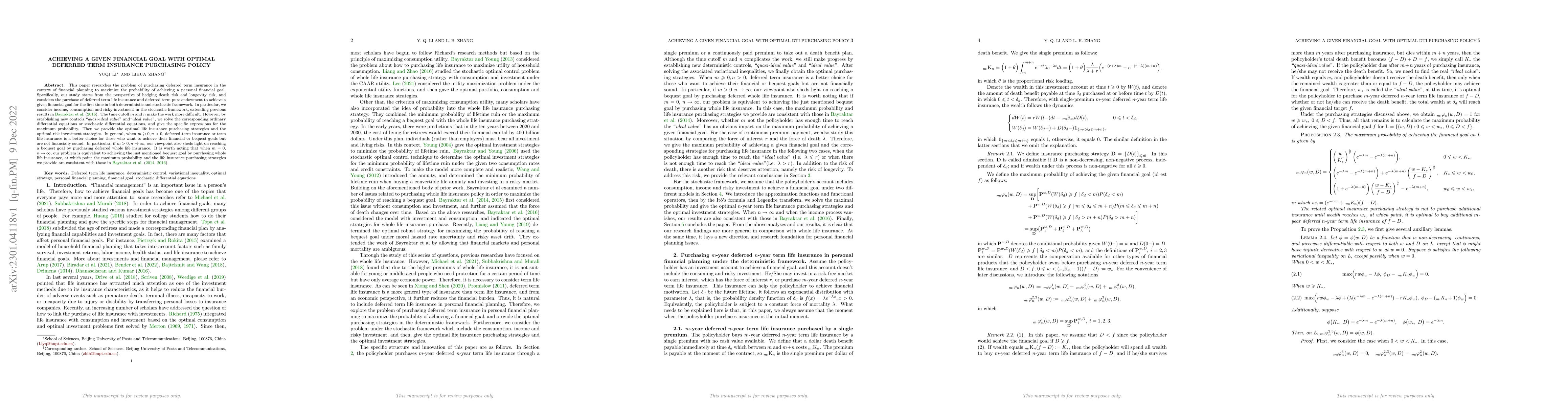 Thumbnail for Achieving a Given Financial Goal with Optimal Deferred Term Insurance
  Purchasing Policy