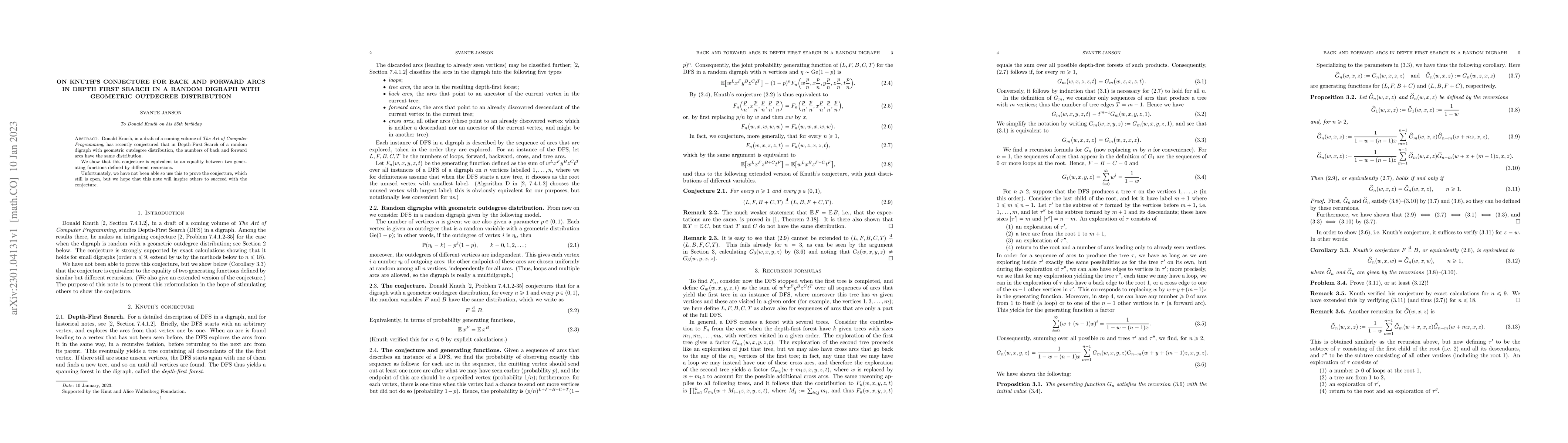 Thumbnail for On Knuth's conjecture for back and forward arcs in Depth First Search in
  a random digraph with geometric outdegree distribution