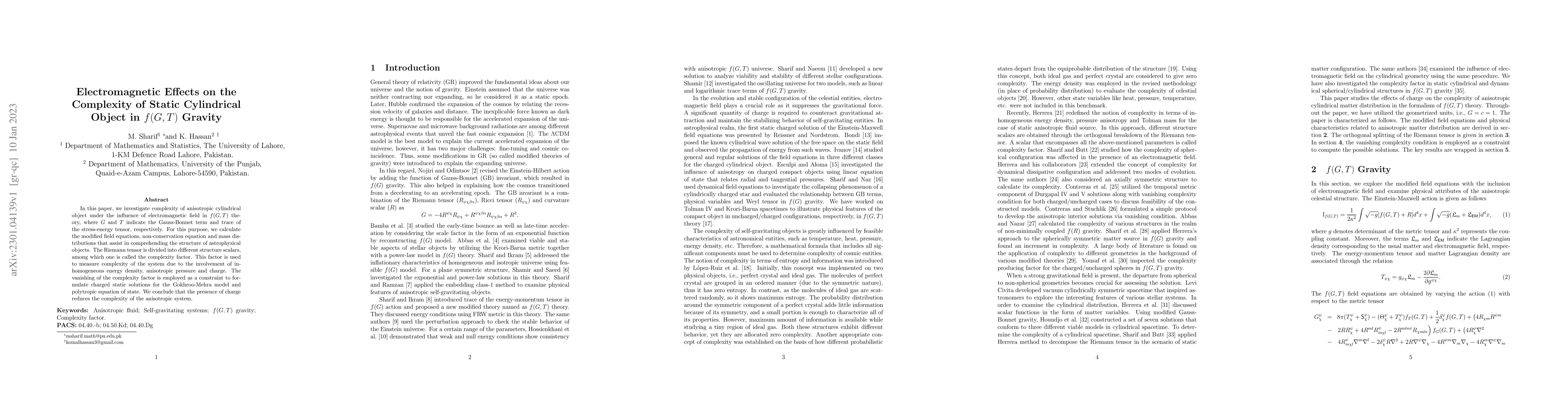 Thumbnail for Electromagnetic Effects on the Complexity of Static Cylindrical Object
  in $f(G,T)$ Gravity