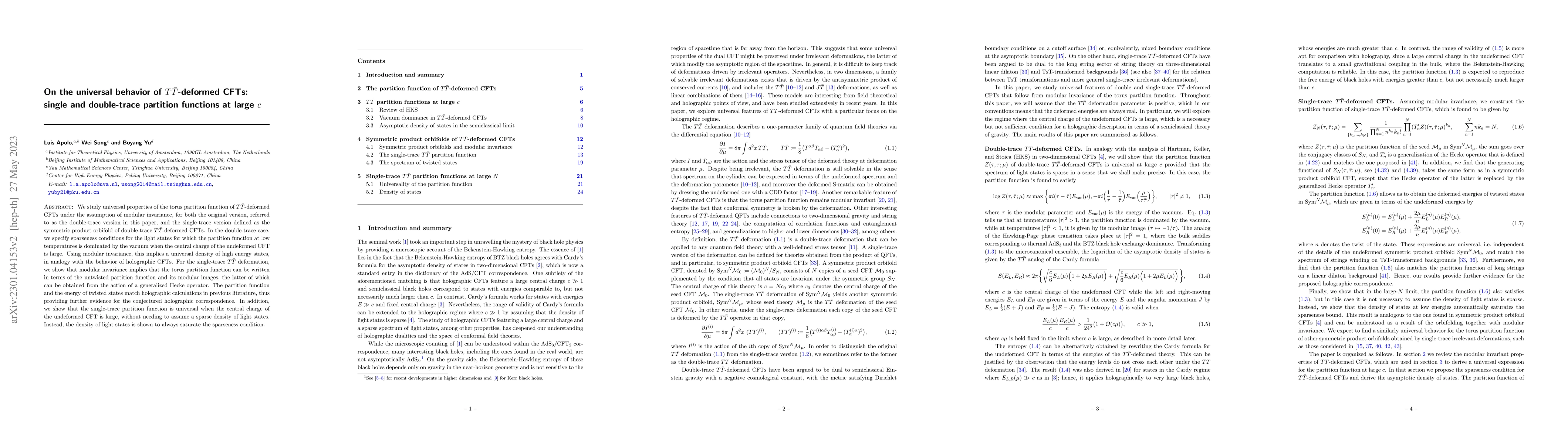 Thumbnail for On the universal behavior of $T\bar T$-deformed CFTs: single and
  double-trace partition functions at large $c$