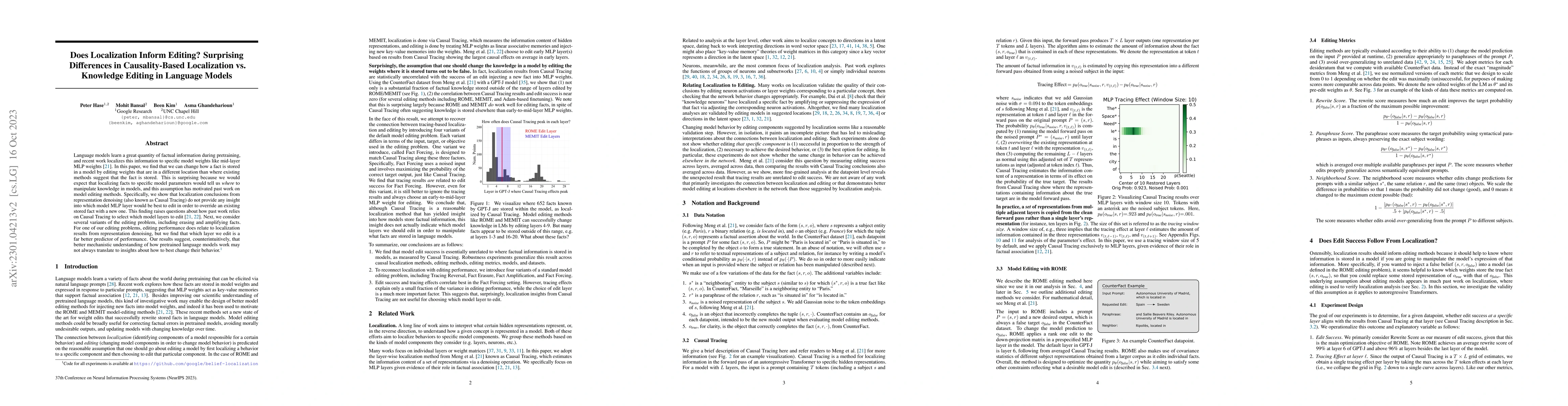 Thumbnail for Does Localization Inform Editing? Surprising Differences in
  Causality-Based Localization vs. Knowledge Editing in Language Models