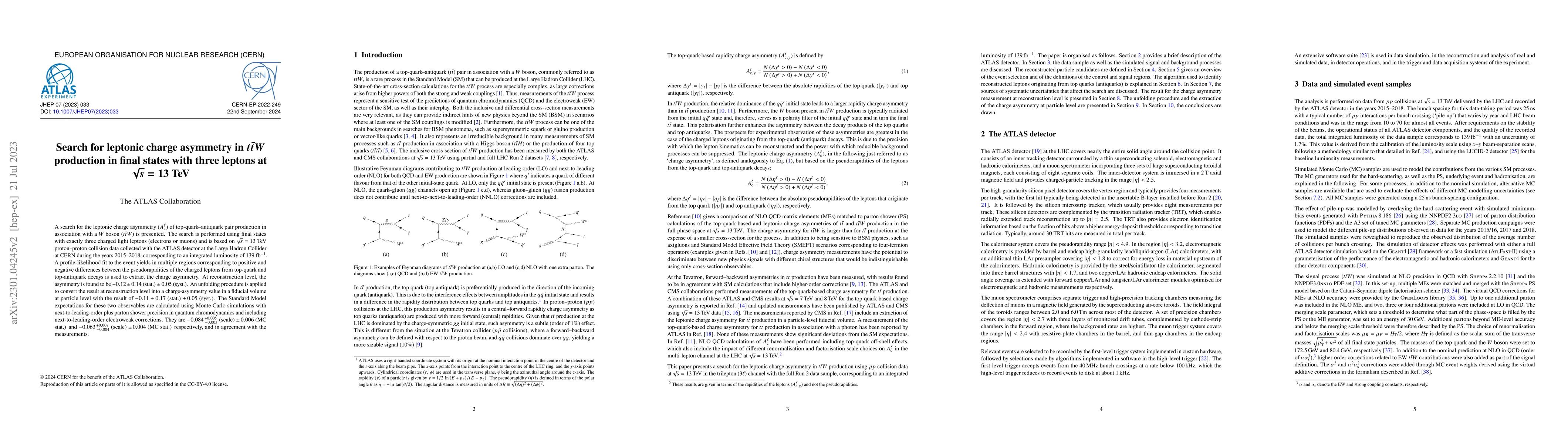 Thumbnail for Search for leptonic charge asymmetry in $t\bar{t}W$ production in final
  states with three leptons at $\sqrt{s} = 13$ TeV